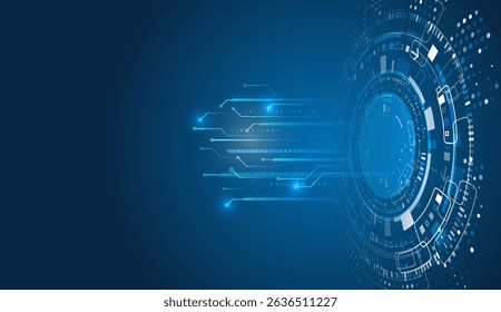 A futuristic circle with glowing elements, binary code and data flows. Ideal for themes of cyber technology, AI, innovation and digital transformation in sci-fi or IT projects.
