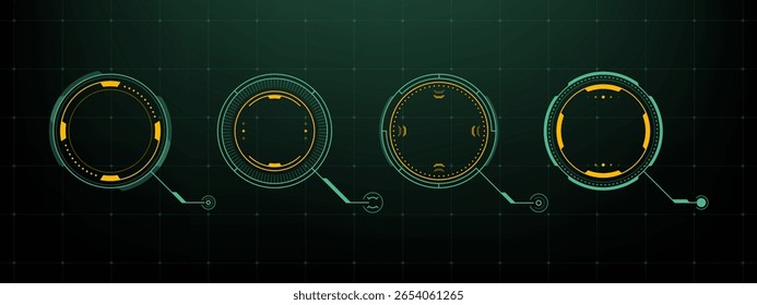 Quadros hud círculo futurista em esquema de cores retro no fundo escuro. Elemento infográfico digital para design de interface do usuário.
