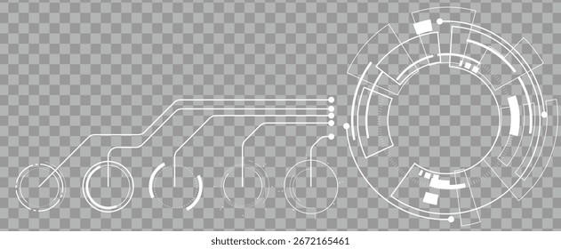 Infográfico de círculo futurista com linhas tecnológicas, interface vetorial HUD digital