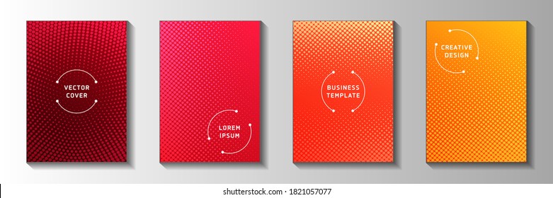 Futuristic circle perforated halftone cover page templates vector collection. Industrial brochure faded halftone patterns. Retro comics style front page layouts. Overlay spots grid