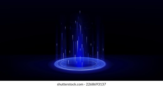 Futuristic circle portal glowing on black background. Vector realistic illustration of neon blue teleport with hologram effect, light beams. Virtual reality game design element. Sci-fi projector light