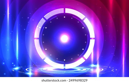 Futuristischer Kreis Portal und Hologramm mit Teleport Podium. Hologramm Portal Licht der Wissenschaft futuristisch. Digitales HUD-Portalhologramm. Warp-Gate. Sci-Fi-Hochtechnologie. GUI, UI Virtuelle Realität. Vektorgrafik