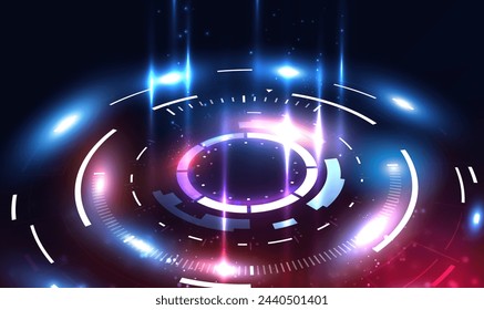 Futuristic circle portal, teleport, hologram, display, stage technology with light effect. Sci-fi digital hi-tech futuristic technology design. Cyberpunk style. Digital HUD GUI UI. Tech Vector EPS10.