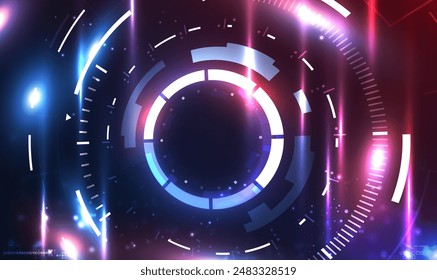 Futuristic circle portal, teleport, hologram, display, stage technology with light effect. Sci-fi digital hi-tech futuristic technology for showcase. Cyberpunk style. Digital HUD GUI UI. Tech Vector.