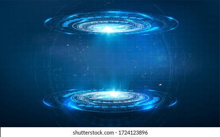 Futuristic circle vector HUD, GUI, UI interface screen design. Abstract style on blue background. Blank display, stage or podium for show product in futuristic cyberpunk style.Technology demonstration