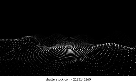 Futuristic circle wave. Vector dark cyberspace. Abstract music sound wave with dots. White moving particles on a black background.