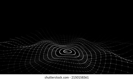 Futuristic circle wave. Vector dark cyberspace. Abstract music sound wave with dots. White moving particles on a black background.