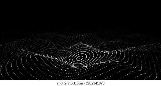 Futuristic circle wave. Vector dark cyberspace. Abstract music sound wave with dots. White moving particles on a black background.