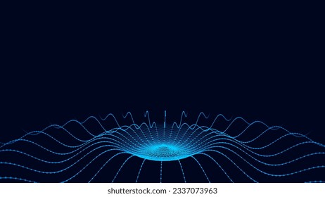 Futuristic circle wave. Vector dark cyberspace. Abstract music sound wave with dots. White moving particles on blue background.