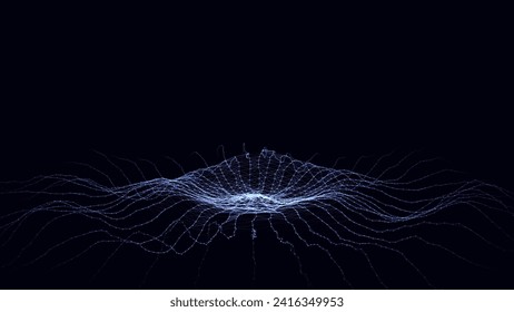 Futuristic circle wave. Vector dark cyberspace. Abstract music sound wave with dots. White moving particles on blue background.