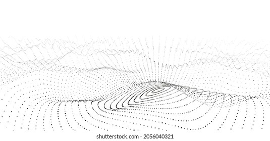 Futuristic Circle Wave. Vector White Cyberspace. Abstract Music Sound Wave With Dots. Black Moving Particles On A White Background.