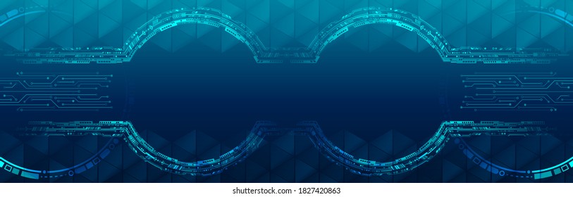 Futuristic circles design innovation concept. Abstract communication vector illustration. Wide Sci-fi blue background with various technological elements.