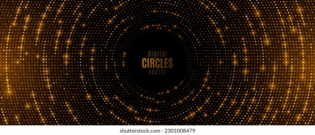 Círculos futuristas de partículas doradas brillantes. Ola de sonido circular digital con luces. Gran visualización de datos en el ciberespacio. Fondo abstracto de puntos. Ilustración vectorial. EPS 10.