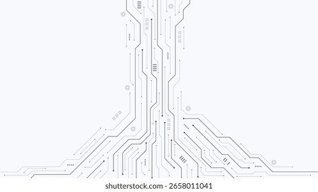 Futuristic circuit board. Abstract digital background with circuit board texture. AI, Artificial Intelligence. Motherboard and HTML code. Large data processing, database concept. Vector illustration.