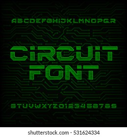 Futuristic circuit board alphabet vector font. Type letters and numbers on a dark background. Vector typeface for your design.