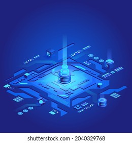 Futuristic circuit board. Data transmission technology. Concept big data processing center, cloud database, server energy station future. Synchronizing personal information. Abstract finance data