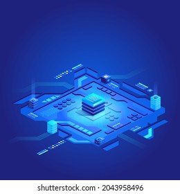 Futuristic circuit board. Data transmission technology. Concept big data processing center, cloud database, server energy station future. Synchronizing personal information. Abstract finance data