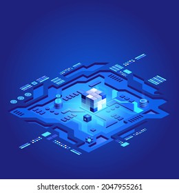 Tarjeta de circuito futurista. Tecnología de transmisión de datos. Concepto centro de procesamiento de grandes datos, base de datos en la nube, futuro de estación de energía de servidor. Sincronizando información personal. Datos financieros abstractos