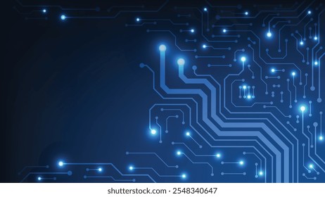 futuristische Leiterplatte mit glühendem Licht auf blauem Hintergrund mit Leerraum