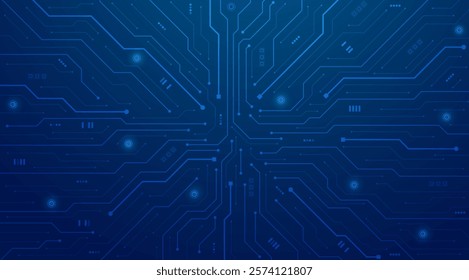 Futuristic circuit board on a dark blue background. High-tech circuit board digital technology. Abstract tech background. Vector illustration.