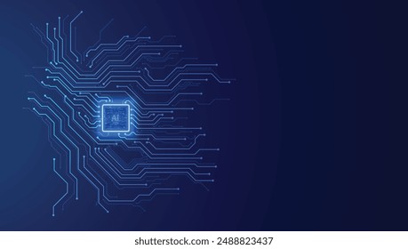 Futuristic circuit board technology background with brightly glowing AI chip in the center. CPU processor with artificial intelligence. Vector illustration.