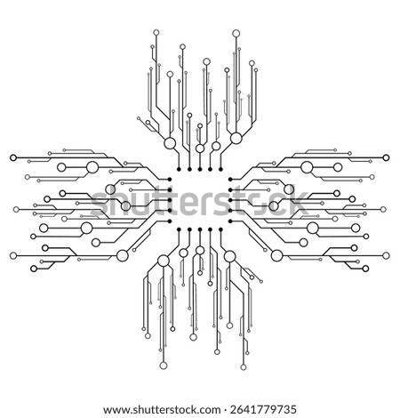 Futuristic circuit network with black lines and nodes on white background. Hi-tech symmetrical interconnected chip for your technology design. Vector illustration.