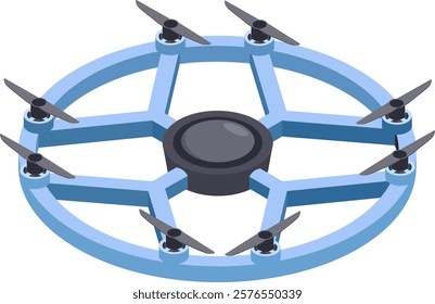 Futuristic circular drone featuring six propellers, hovering effortlessly and illustrating cutting edge aerial technology and innovation in unmanned flight systems and operations