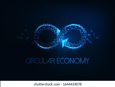 Futuristic circular economy concept with glowing low polygonal infinity sign isolated on dark blue background. Modern wire frame mesh design vector illustration. 