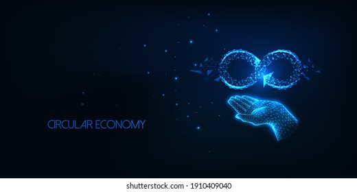 Futuristic circular economy concept with glowing low polygonal human hand holding infinity sign isolated on dark blue background. Modern wire frame mesh design vector illustration.