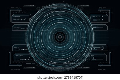Futuristic circular lens array HUD with concentric rings, crosshair markers, data panels, and glowing cyan lines on a dark grid background