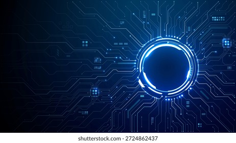 Portal circular futurista con patrones de circuitos luminosos que irradian sobre el telón de fondo de la tecnología digital. Marco de neón azul con interfaz HUD, Elementos cibernéticos y estética de tablero electrónico. Vector digital