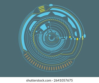 Futuristic circular sci-fi user interface panel with glowing HUD elements in blue and orange. High-tech digital dashboard design perfect for video game UI, technology backgrounds, virtual screens, and
