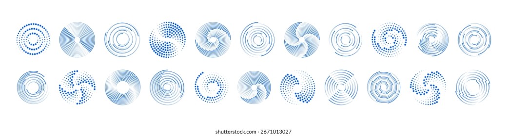 Formas circulares futuristas con remolino digital, estilo Vector y diseño moderno. Símbolo de Plantilla con rizo y curva formando idea abstracta en movimiento.