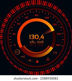 Futuristic circular speedometer with red and orange light effects showing speed, battery, fuel and temperature levels, with a dark background and red and black striped border