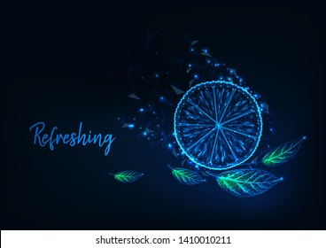 Futuristic citrus refreshing concept with glowing low polygonal lemon slice, green leaves and text on dark blue background. Modern wireframe design vector illustration. 