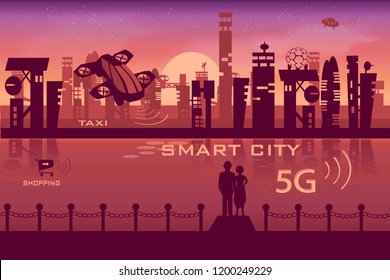 Futuristic City. 5G Internet. Romantic Sunset. Lovers. Taxi Drone. Smart City. Futuristic Technology. Infographic. Hybrid Car. City River.