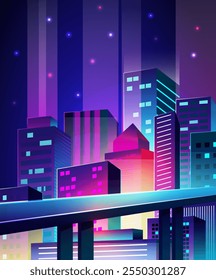 História da cidade futurista. Paisagem urbana noturna. Edifícios de néon digital. Cidade do futuro. Carro voador. Skyline com brilho cyberpunk. Arranha-céus de Metrópolis. Ponte de automóvel. Vetor enfeite paisagem urbana moderna