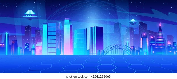 Futuristic city background with wireframe dome. Vector cartoon illustration of metaverse cityscape with neon blue and pink skyscrapers, ufo in starry sky, hexagon landscape, virtual reality background