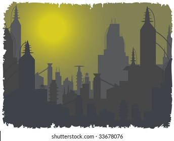 futuristic city below foggy sky