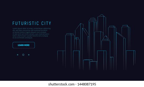 Futuristic City. Blue Neon Silhouette City. Digital Cityscape Background. Business Technology Concept. Vector Illustration.