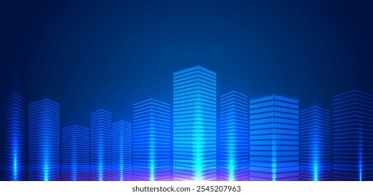 Fondo de construcción de la ciudad futurista. Moderna tecnología de luz azul de ciudad inteligente.