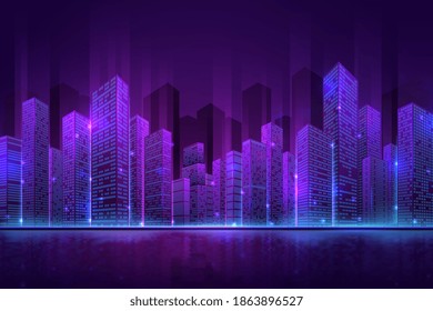 Futuristic city building. High neon cityscape, abstract night downtown panorama. Digital smart town, 3d modern property recent vector concept