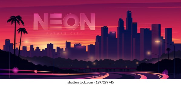 Futuristic city. Cityscape with motion car lights. Wide highway front view. Cyberpunk and retro wave style illustration.