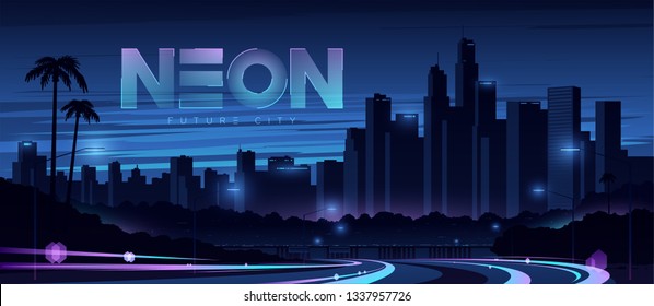 Futuristic city. Cityscape with motion car lights. Wide highway front view. Cyberpunk and retro wave style illustration.