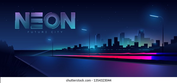 Futuristic city. Cityscape with motion car lights. Wide highway front view. Cyberpunk and retro wave style illustration.