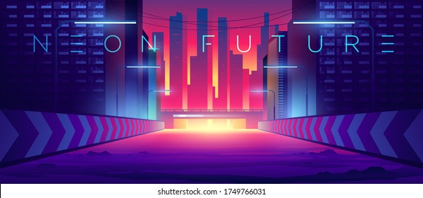 Futuristic city. Cityscape on a bright background with glowing neon lights. Wide highway front view. Cyberpunk and retro wave style illustration.