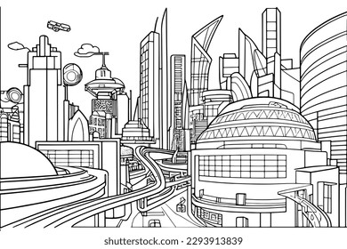 A futuristic city coloring page illustration, featuring tall skyscrapers, and advanced technology, with a sleek and modern design, black and white vector illustration