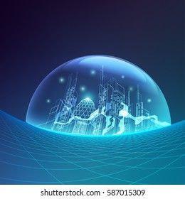 ciudad futurista combinada con un planeta de estructura alámbrica, edificio digital en un estilo matricial