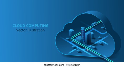  Futuristic city connected to cloud computing storage of big data. internet network connection cloud technology for communication , business and technology on Dark blue background.