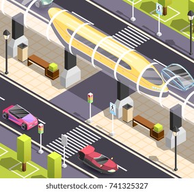 Futuristic city constructor isometric background with road sidewalk cars and high speed tram vector illustration  